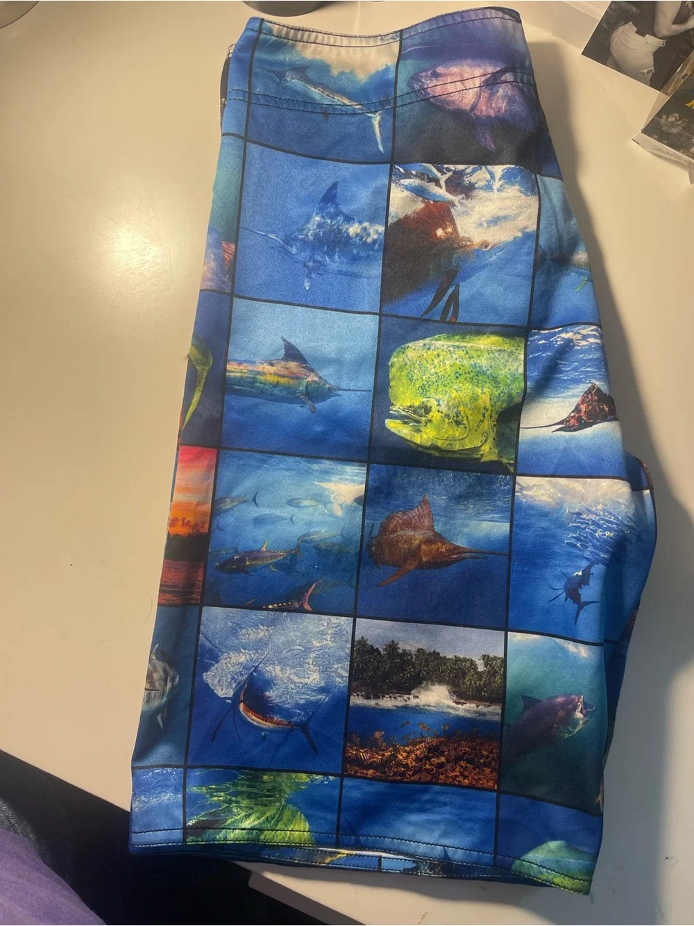 Pelagic Blue Ocean Photo-Block Swim Shorts with Orange Accents